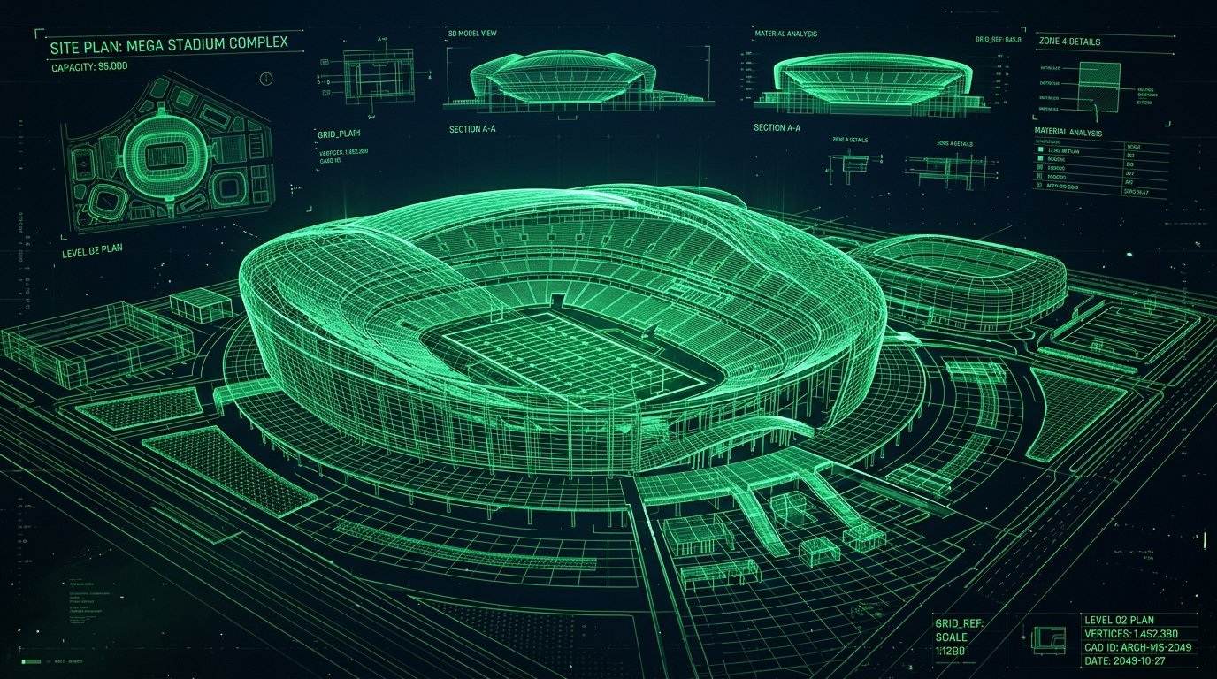 3D Architectural CAD Wireframe of Sports Complex and Arena
